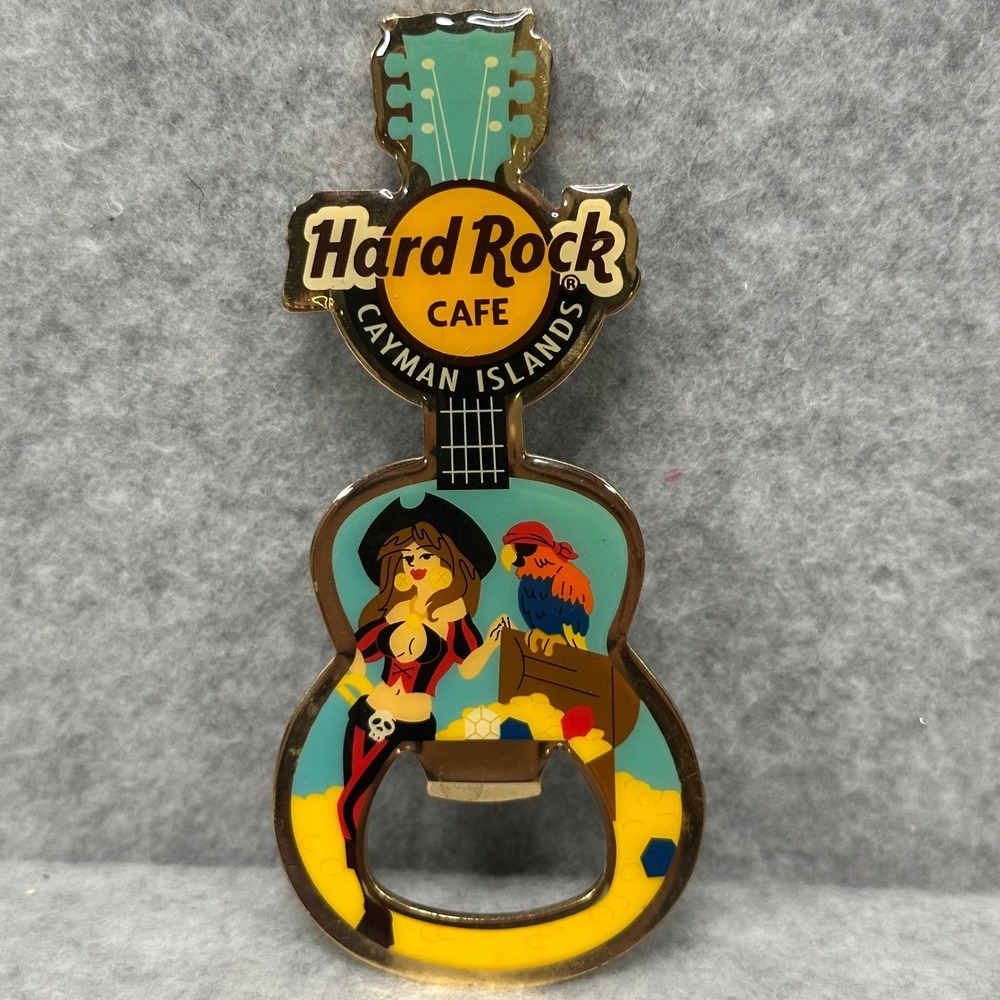 Hard Rock Cafe Cayman Islands Guitar Bottle Opener Pirate Pinup Parrot Treasure